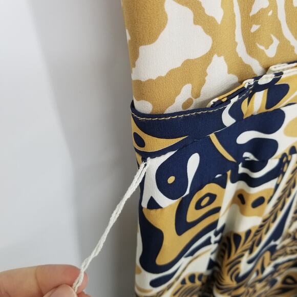 Kay Unger Silk Abstract Paisley Dress 2 A Line Sleeveless V Neck Pleated Navy - Picture 8 of 9